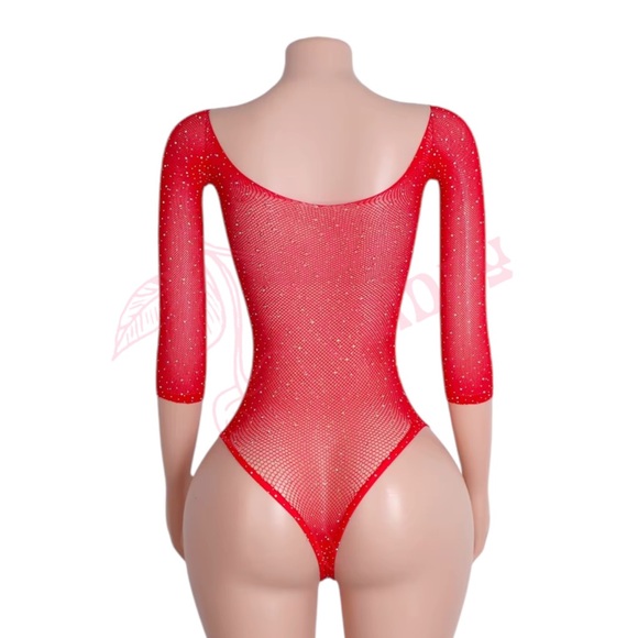 Cherry Red Rhinestoned Fishnet Bodysuit - EXOTIC DANCEWEAR - Picture 5 of 5